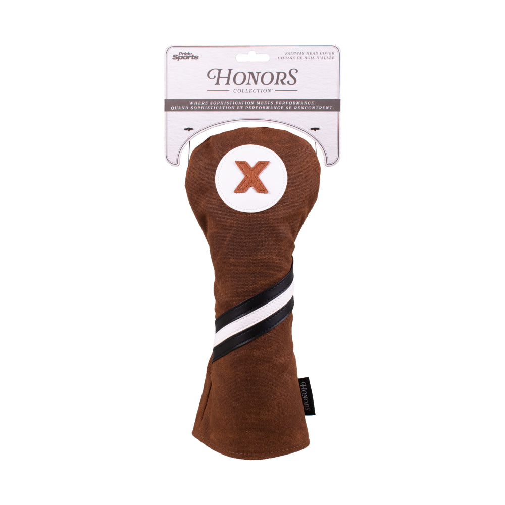 Honors Collection brown canvas fairway headcover with a black and white diagonal stripe and X patch displayed in its packaging.