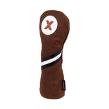 Side view of the Honors Collection brown canvas fairway headcover with black and white diagonal stripe and X patch.