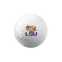 White Bridgestone e6 golf ball with an LSU logo on a white background