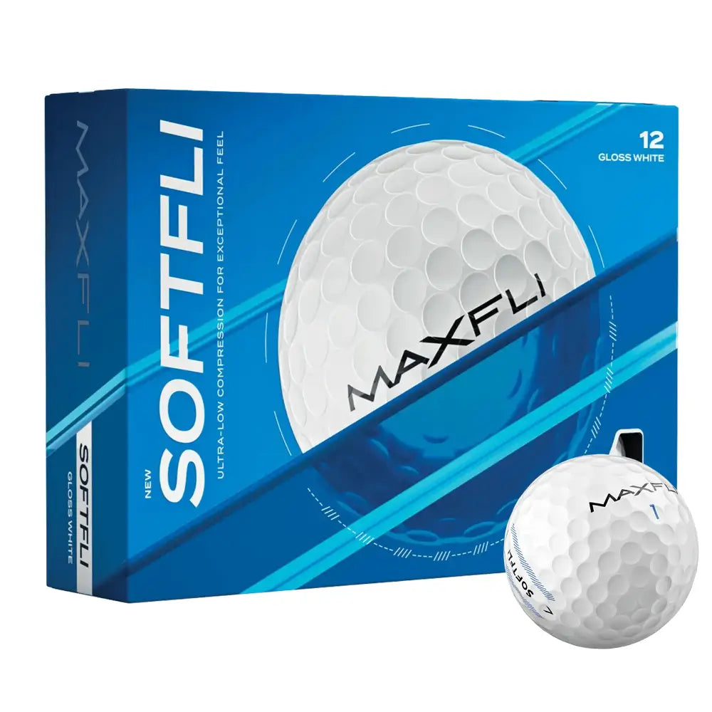 Package of a dozen Maxfli Softfli gloss white golf balls on a white background