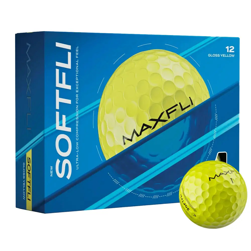 MAXFLI Softfli golf ball packaging with a yellow golf ball on a white background
