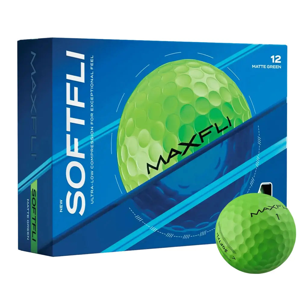 Maxfli Softfli golf ball packaging with a green golf ball on a white background