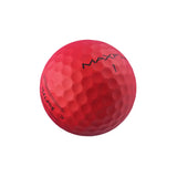 Red golf ball with 'MAXFLI' ans 'Softfli' branding on a white background