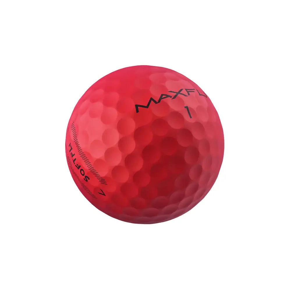 Red golf ball with 'MAXFLI' ans 'Softfli' branding on a white background