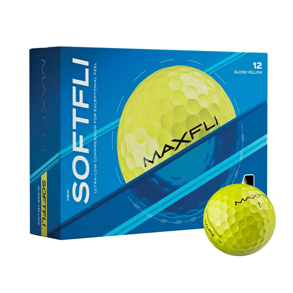 MAXFLI Softfli golf ball packaging with a yellow golf ball on a white background