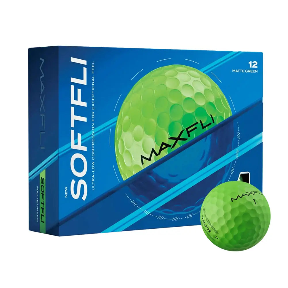 Maxfli Softfli golf ball packaging with a green golf ball on a white background