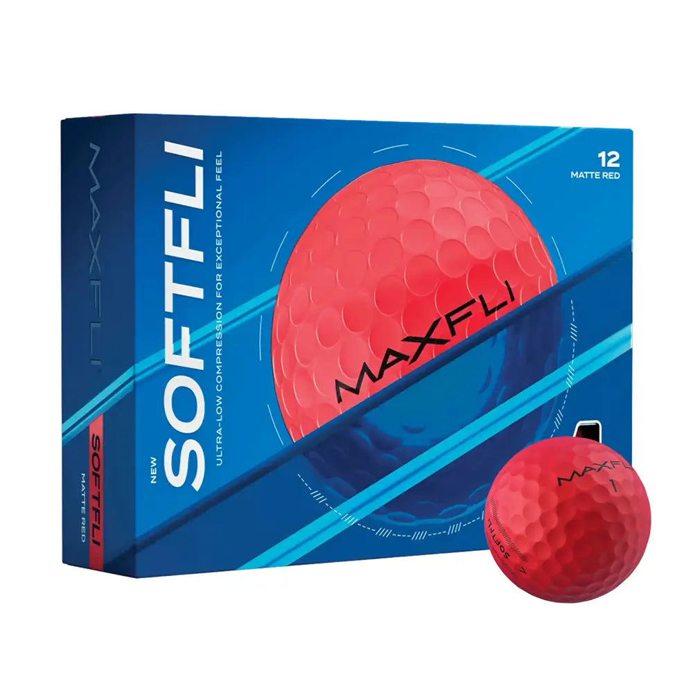 Maxfli Softfli golf ball packaging with a red golf ball on a white background
