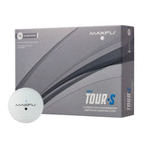Maxfli Tour-S golf ball box with a golf ball in front on a white background
