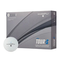 Maxfli Tour-S golf ball box with a golf ball in front on a white background