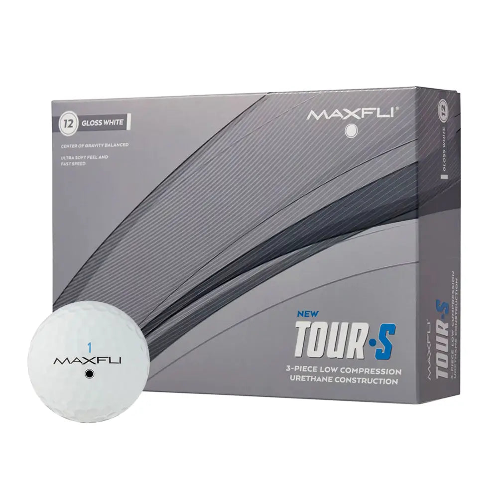 Maxfli Tour-S golf ball box with a golf ball in front on a white background