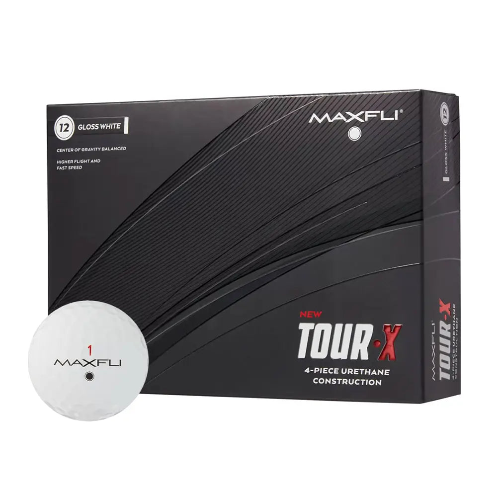 Maxfli Tour-X golf ball packaging with a single golf ball in front on a white background