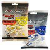 Two packages of pride professional plastic golf tees. One package contains 2¾-inch tees, and the other contains 3¼-inch tees. Each package has a total of 10 tees.