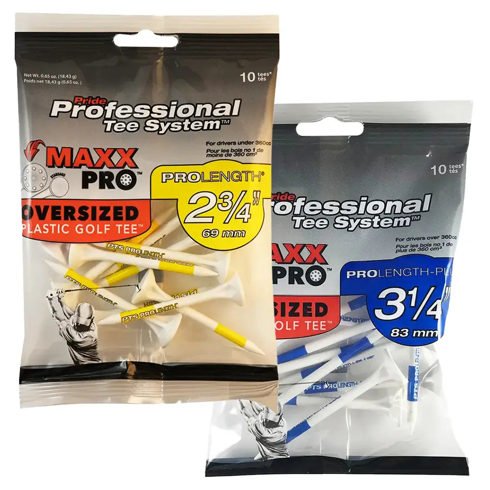 Two packages of pride professional plastic golf tees. One package contains 2¾-inch tees, and the other contains 3¼-inch tees. Each package has a total of 10 tees.