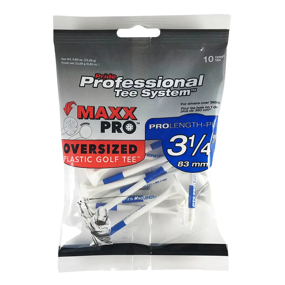 Pack of Maxx Pro oversized plastic golf tees with Pride Professional Tee System branding.