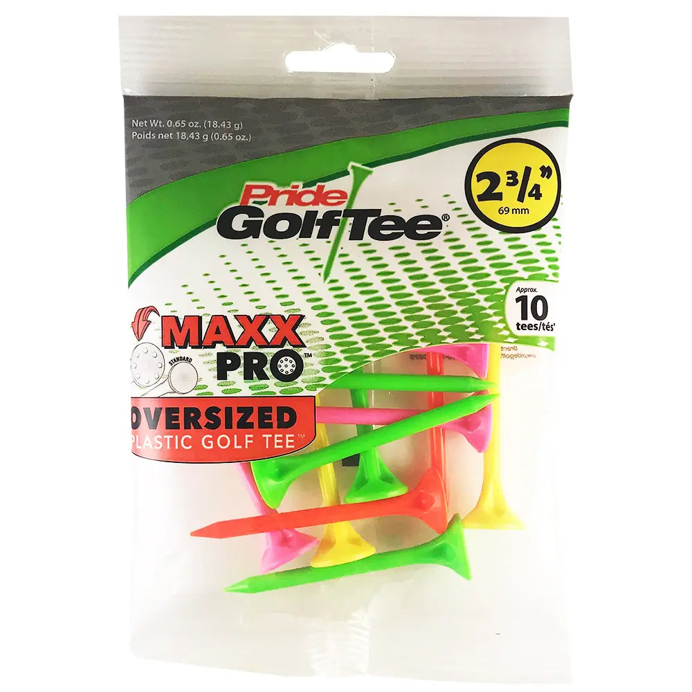 Pack of Pride Golf Tee Maxx Pro Oversized Plastic Golf Tees with colorful neon tees on a white background