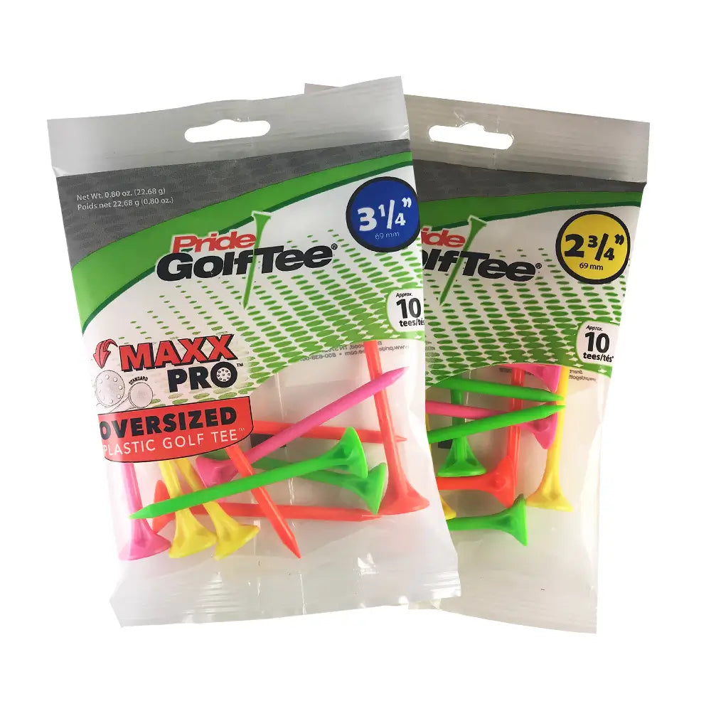Two packages of colorful neon Pride MaxxPro golf tees on a white background