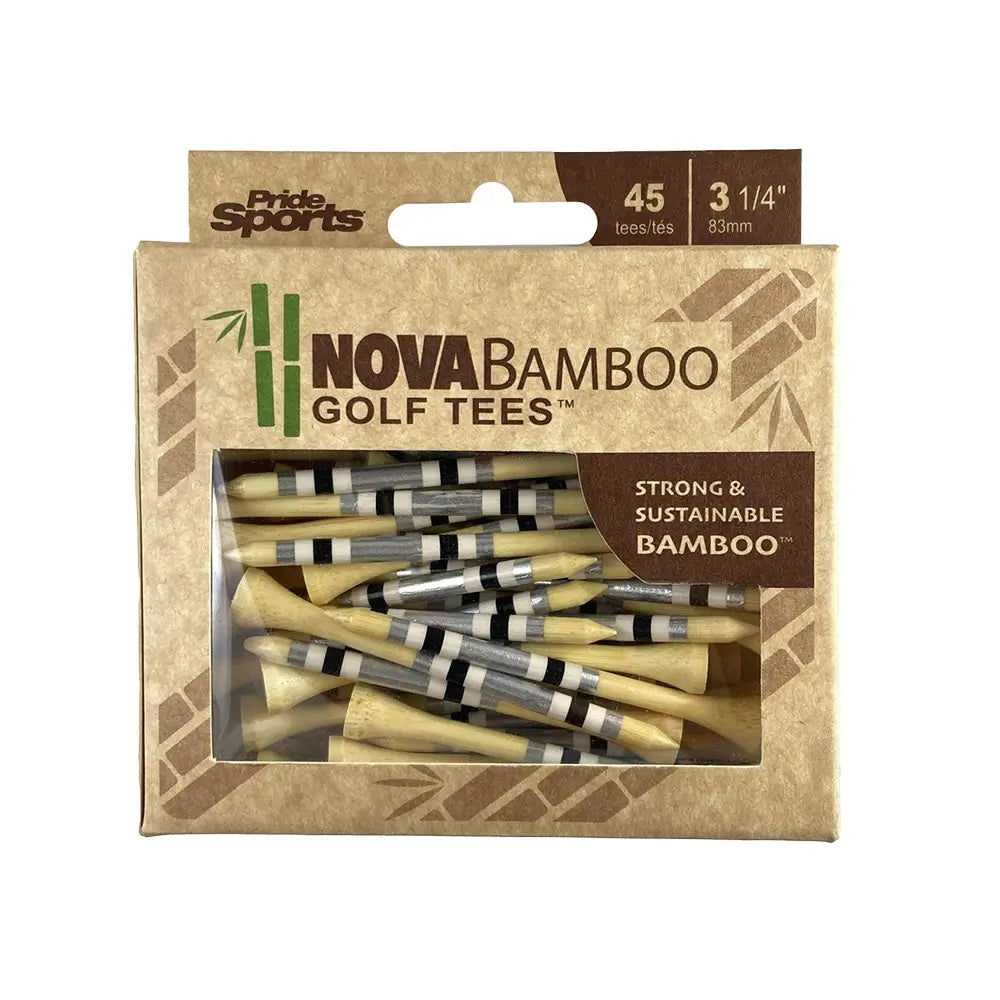 Package of Nova Bamboo golf tees with PrideSports branding on a white background