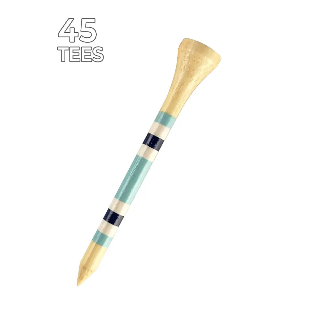 Up close of the blue striped  Nova Bamboo Golf Tees™ that says 45 tees. 