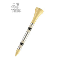 Wooden golf tee with silver striped shaft on a white background, labeled '45 Tees'.