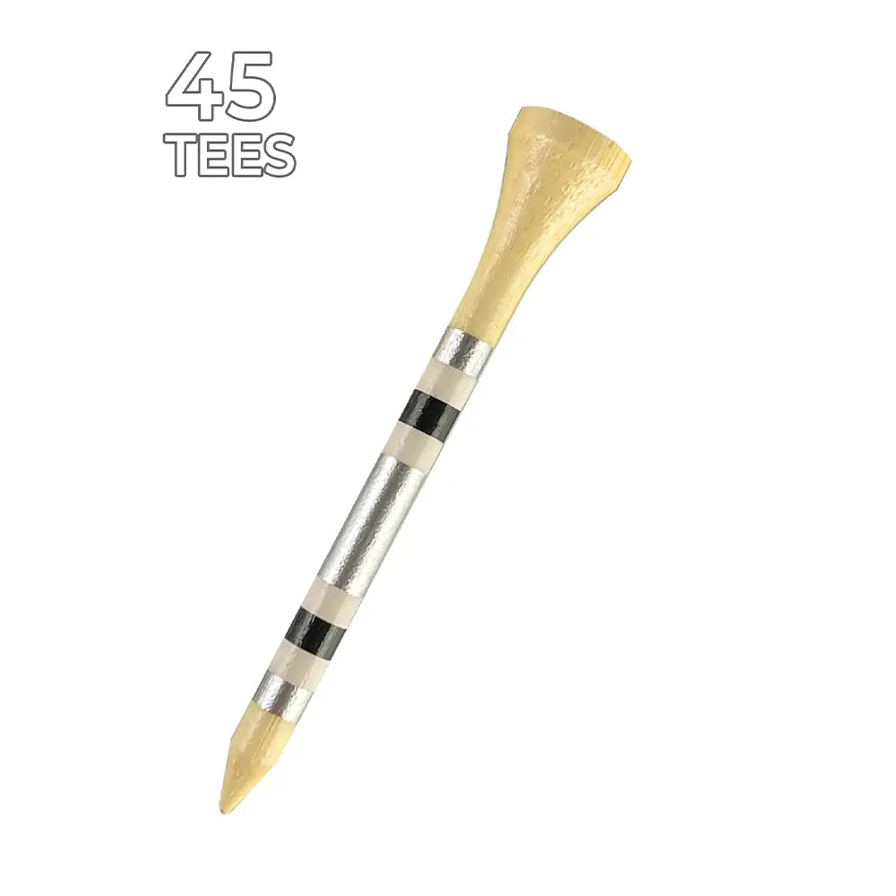 Wooden golf tee with metal shaft on a white background, labeled '45 Tees'.