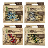 Four different colored nova bamboo tees in their packaging. 