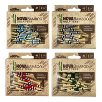 Four different colored nova bamboo tees in their packaging. 