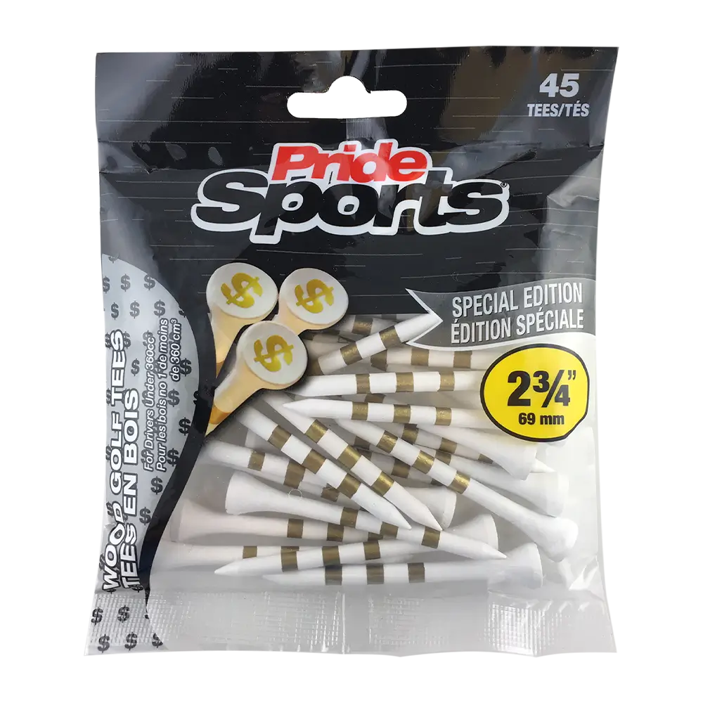 Pride Sports golf tees dollar sign packaging.