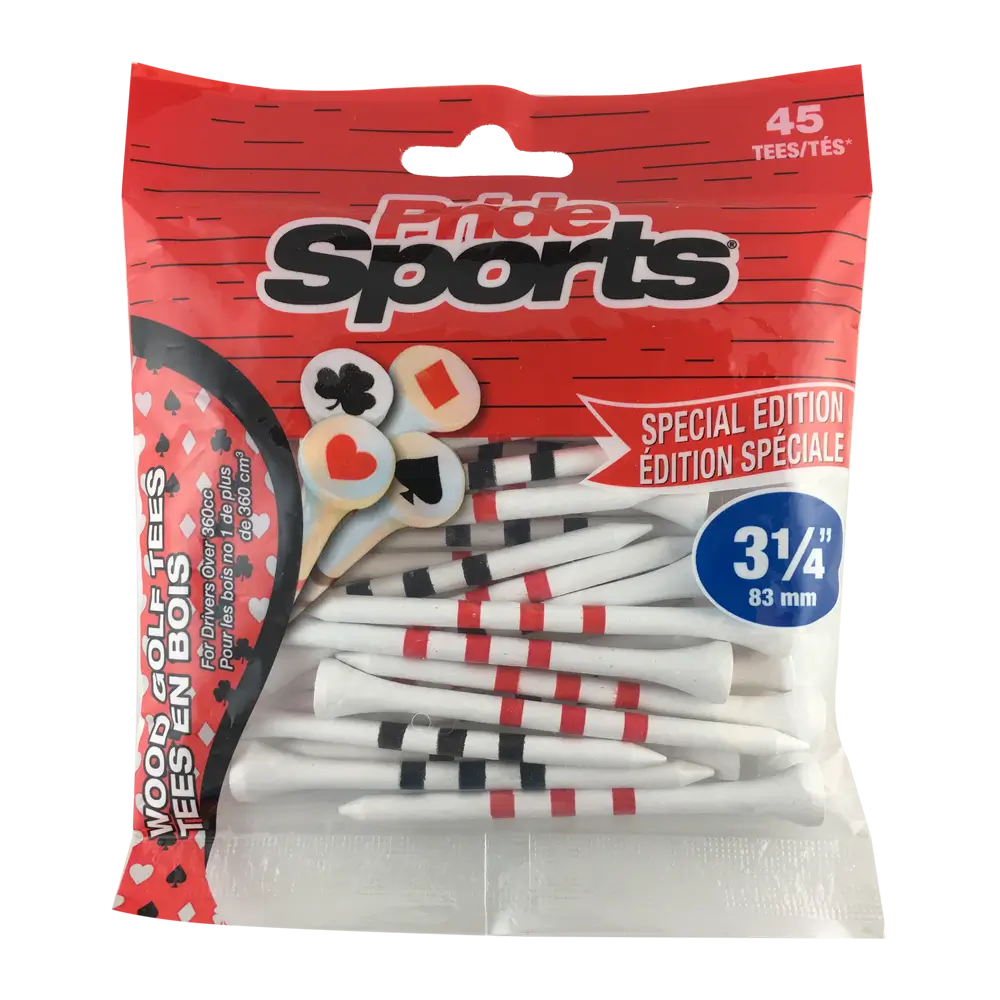 Package of playing cards Pride Sports golf tees.