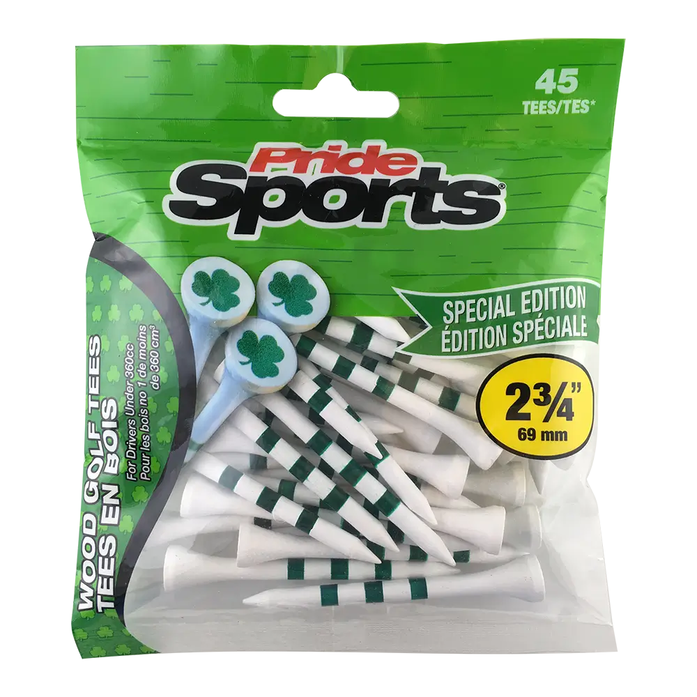 Pride Sports golf tees shamrock packaging with green and white designs.