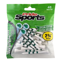 Pride Sports golf tees shamrock packaging with green and white designs.
