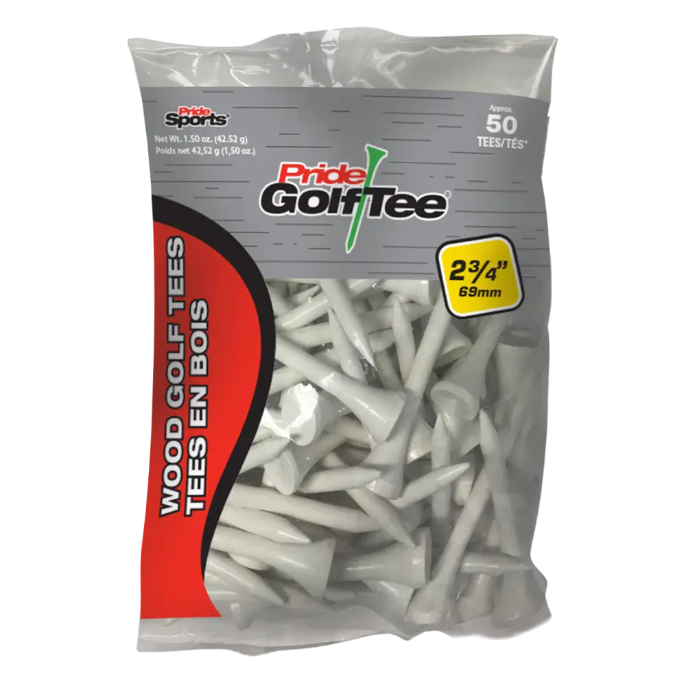 A 50 count package of the white 2 ¾" Pride Golf Tee® Packs.