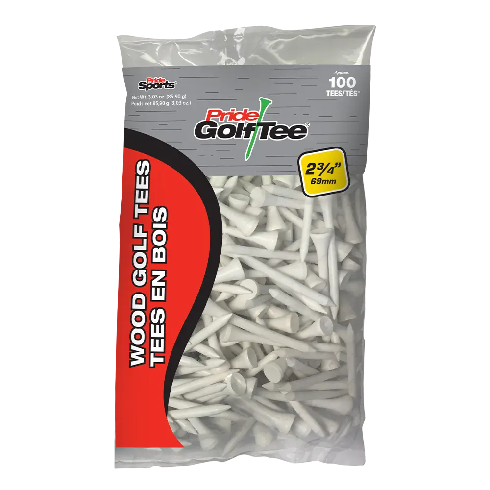 A 100 count package of the white 2 ¾" Pride Golf Tee® Packs.
