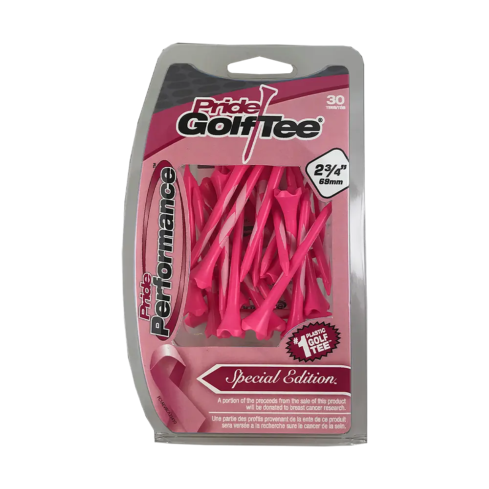 Pink Breast Cancer Pride Golftee golf tees with packaging.