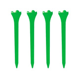 Four green golf tees on a white background