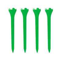 Four green golf tees on a white background