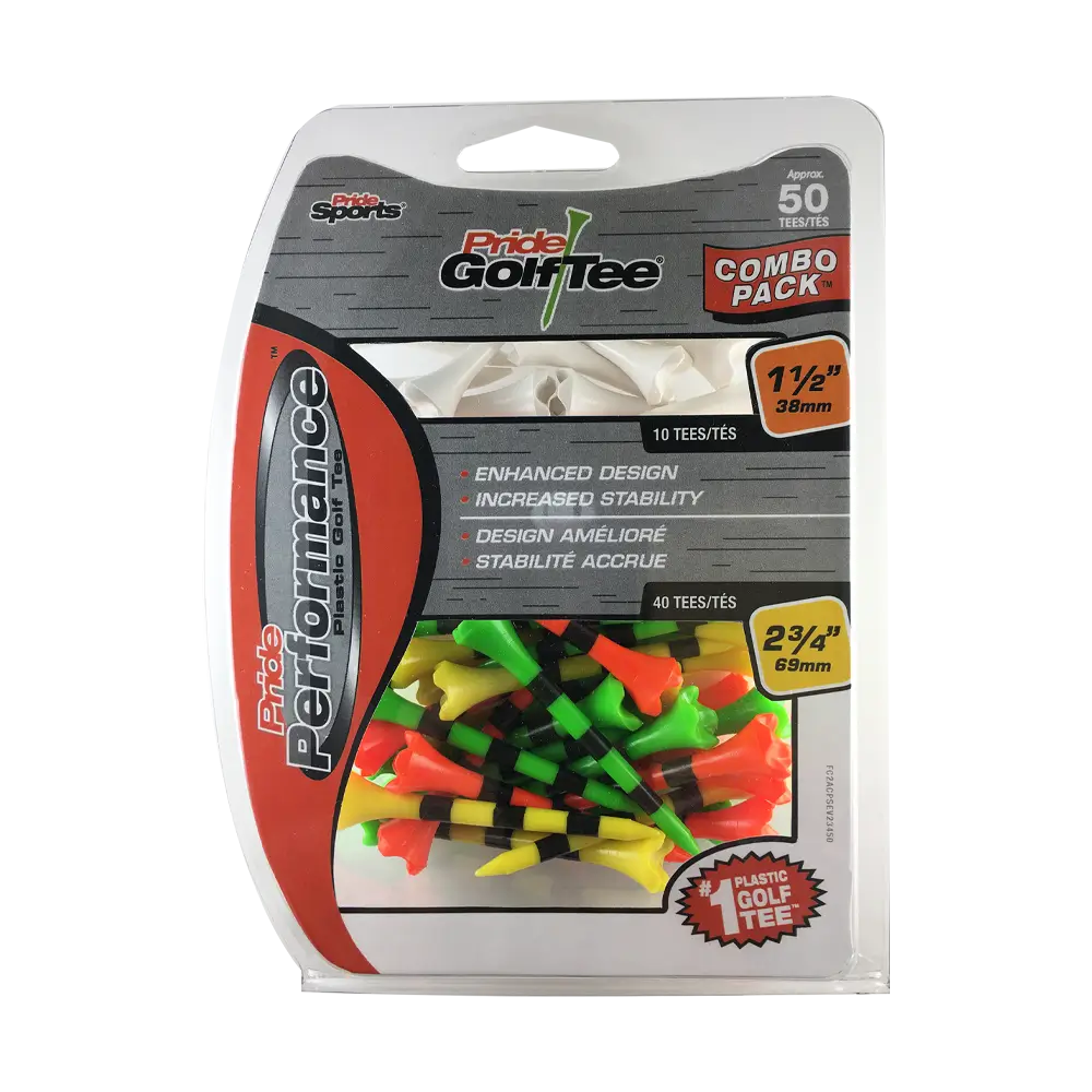 Packaged pride golf combo pack golf tees with colorful tees.