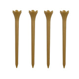 Four gold-colored golf tees on a white background
