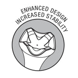 Icon of a golf tee cup with text 'Enhanced Design' and 'Increased Stability' on a white background