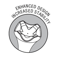 Icon of a golf tee cup with text 'Enhanced Design' and 'Increased Stability' on a white background