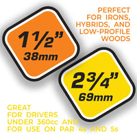 Two size indicators for golf club heads with measurements and text on a white background.