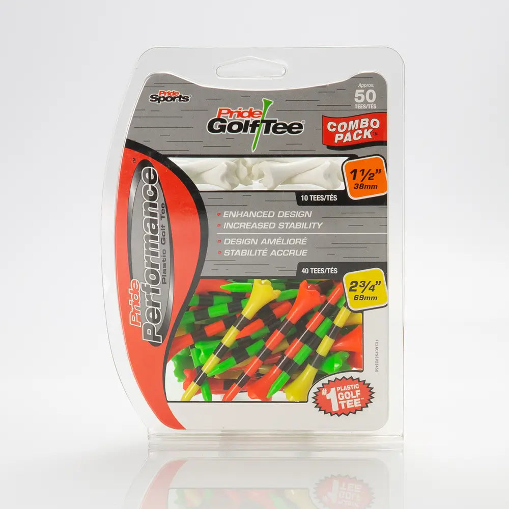 Packaged golf tees with colorful tees on a white background