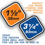 Two size indicators for golf tees with measurements in inches and millimeters.
