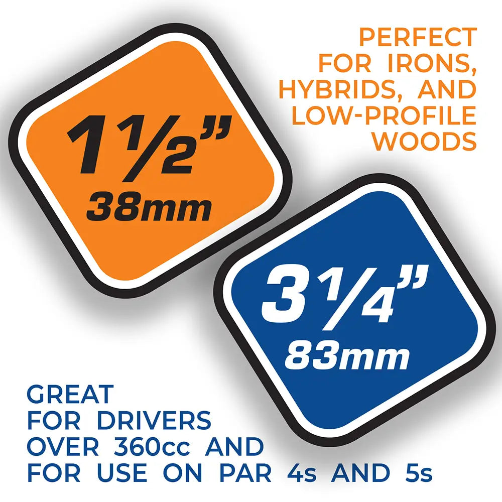 Two size indicators for golf tees with measurements in inches and millimeters.