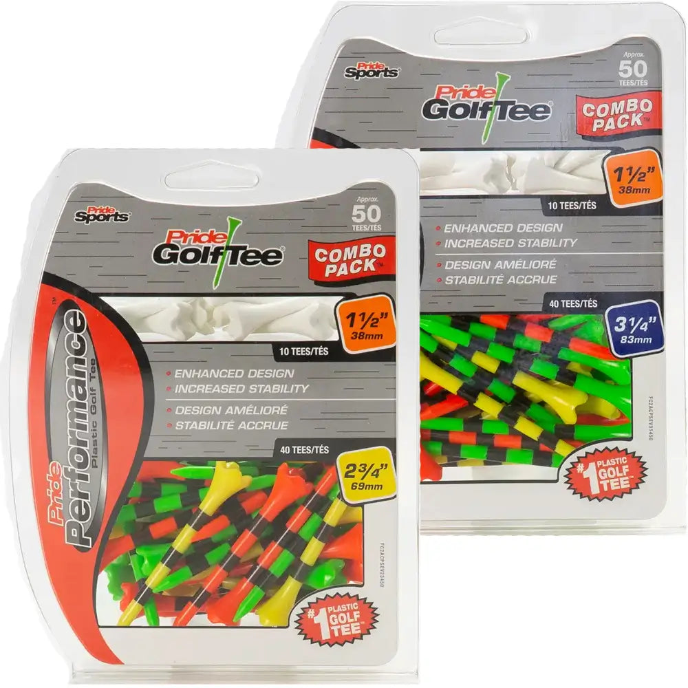 Two packages of Pride GolfTee golf tees on a white background