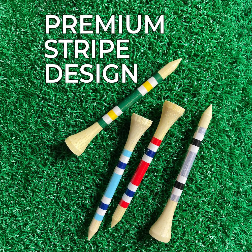 Up close of the Nova Bamboo Golf Tees™  on green turf showing the premium stripe design. 