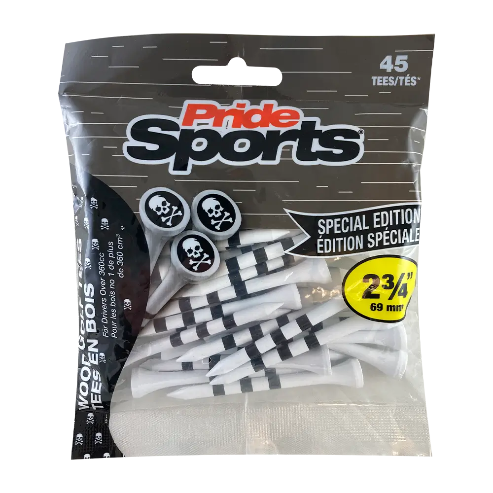 Package of PrideSports skull and bones golf tees decorated with skulls and crossbones.