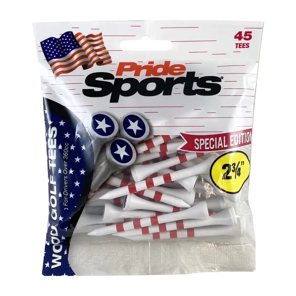 Package of PrideSports golf tees with red and blue print of star and stripes.