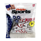 Package of PrideSports golf tees with red and blue print of star and stripes.