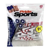 Package of PrideSports golf tees with red and blue print of star and stripes.
