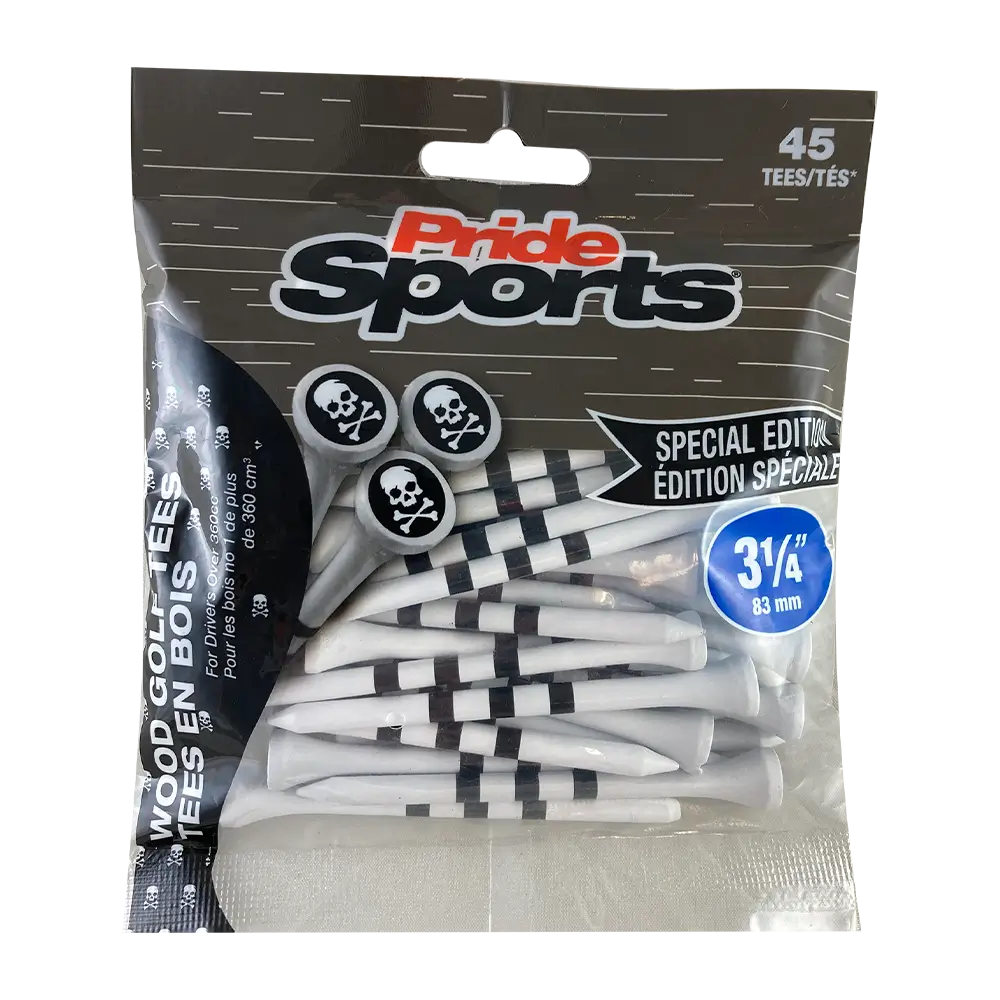 Package of PrideSports golf tees decorated with skulls and crossbones.